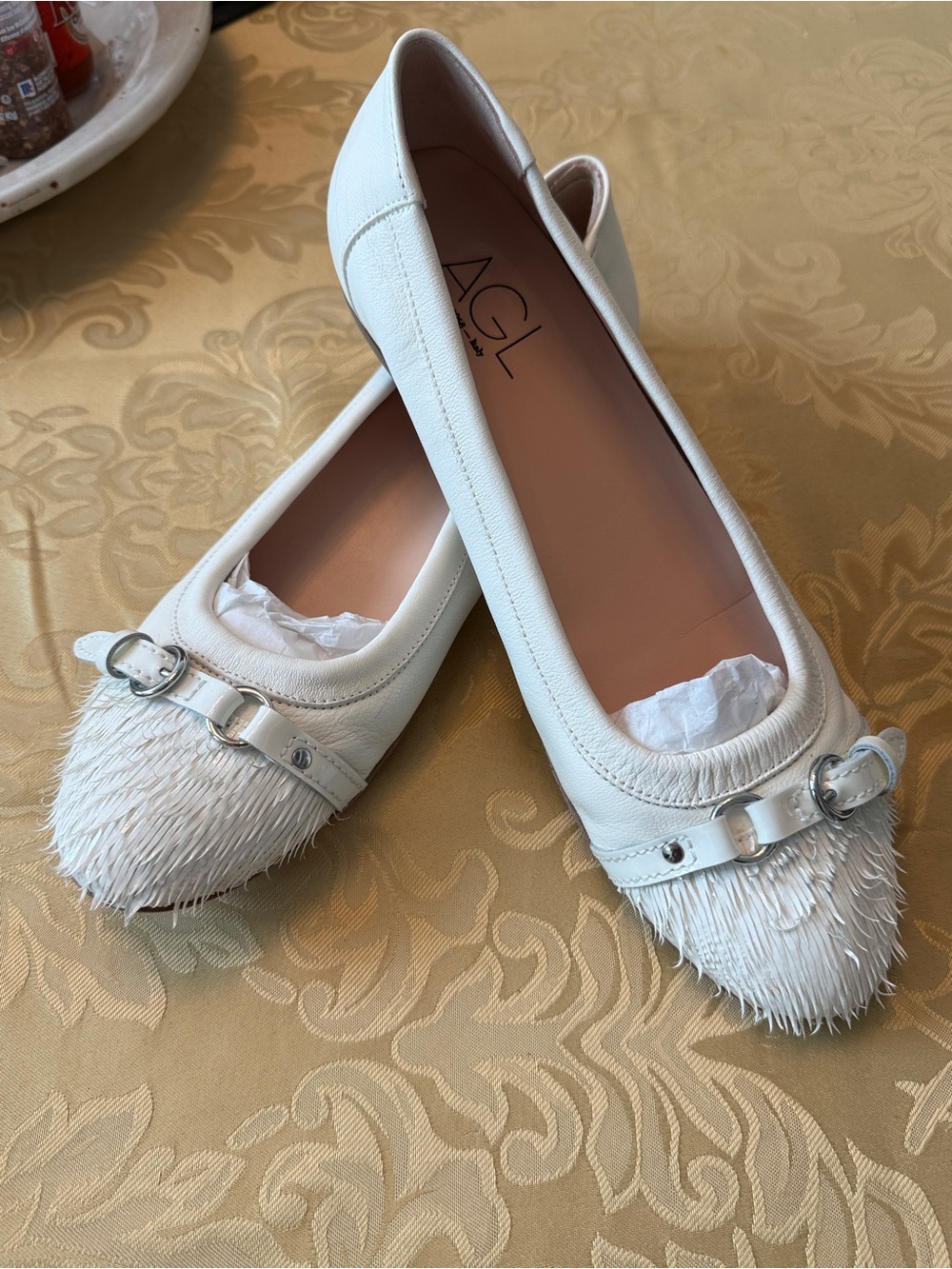 AGL Off-White Leather Fringe-Trim Ballet Flats with white Buckle Detail
